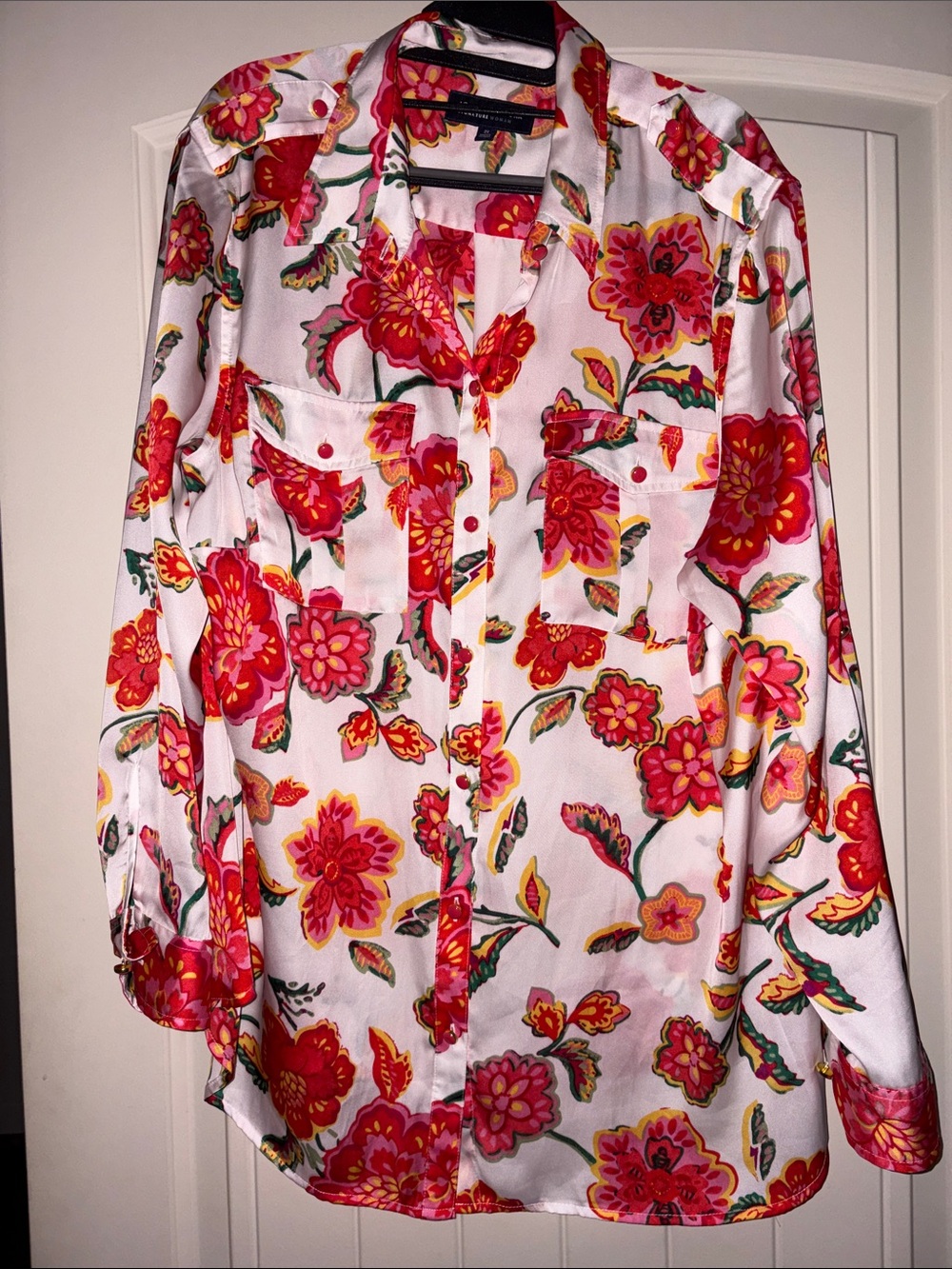 Jones New York White Button-Down Blouse with Pink and Red Floral Print